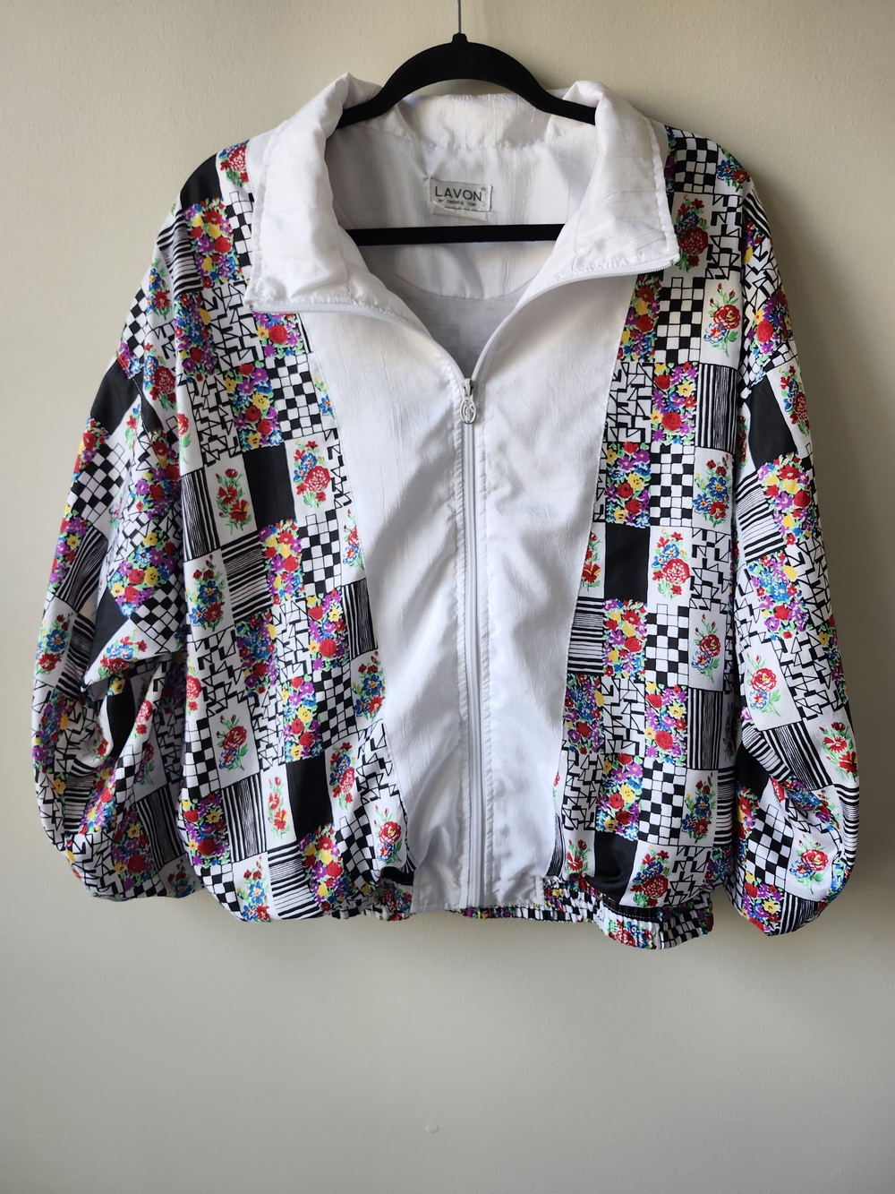 Vintage White Floral & Checkerboard Bomber Jacket - Picture 2 of 10